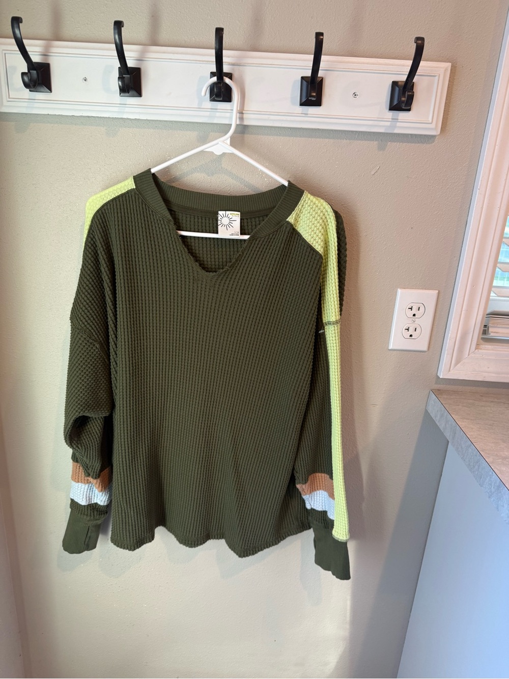 Aerie Offline WOW Olive Green Waffle Knit Long-Sleeve Sweater with Contrast Trim